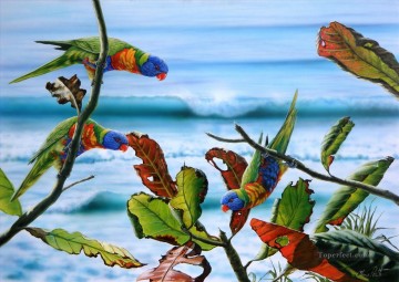 花 鳥 Painting - 鳥と出会うオウム